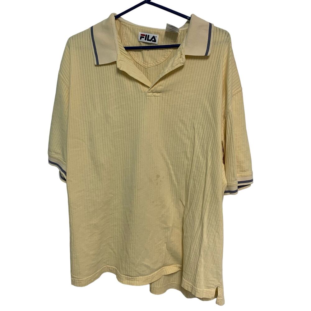 FILA Vintage Y2K Men’s Yellow Ribbed Cotton Polo Shirt Size 2XL